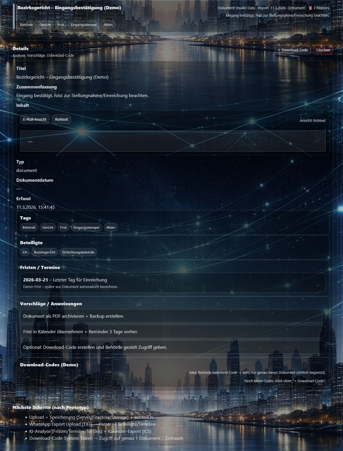 DigitalAkten Detailansicht mit Fristen und Informationen