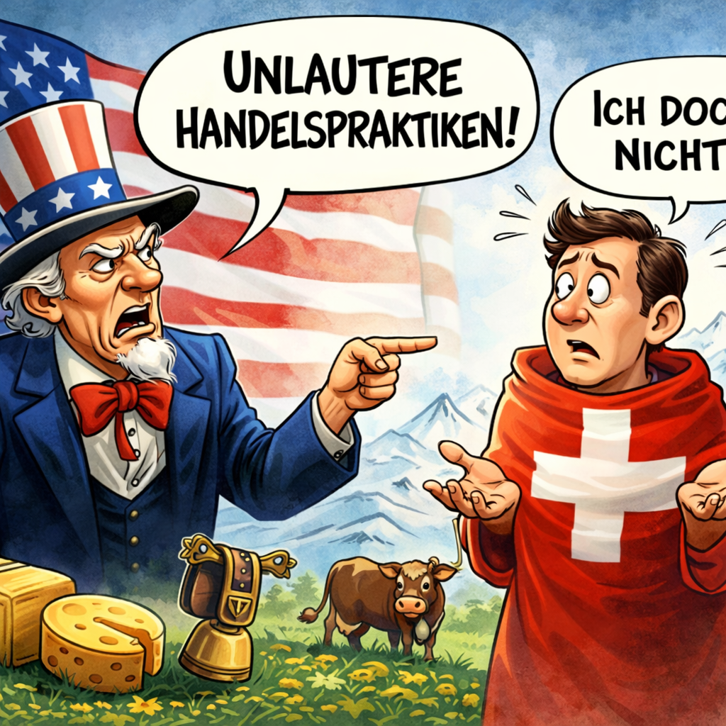 Karikatur: USA beschuldigt die Schweiz wegen unlauteren Handels