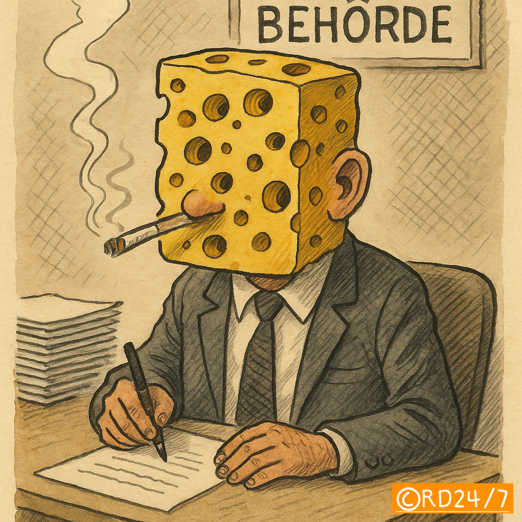Karikatur: Beamter vor Schild 'BEHÖRDE' mit Emmentaler auf dem Kopf