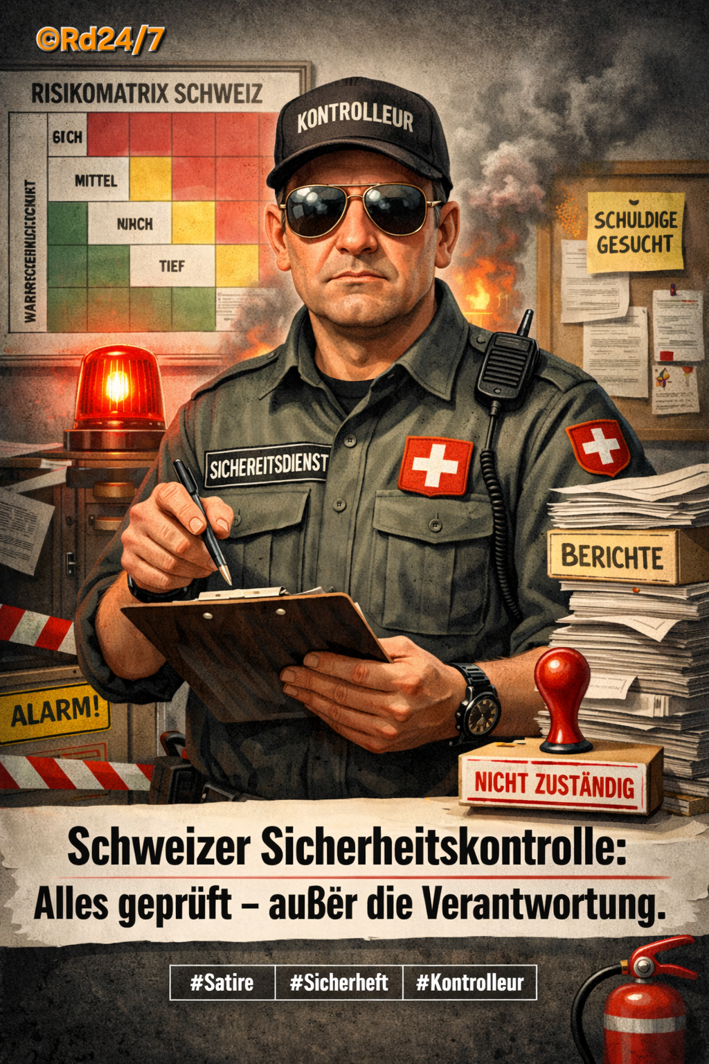 Karikatur: Schweizer Sicherheitskontrolle – Alles geprüft außer Verantwortung