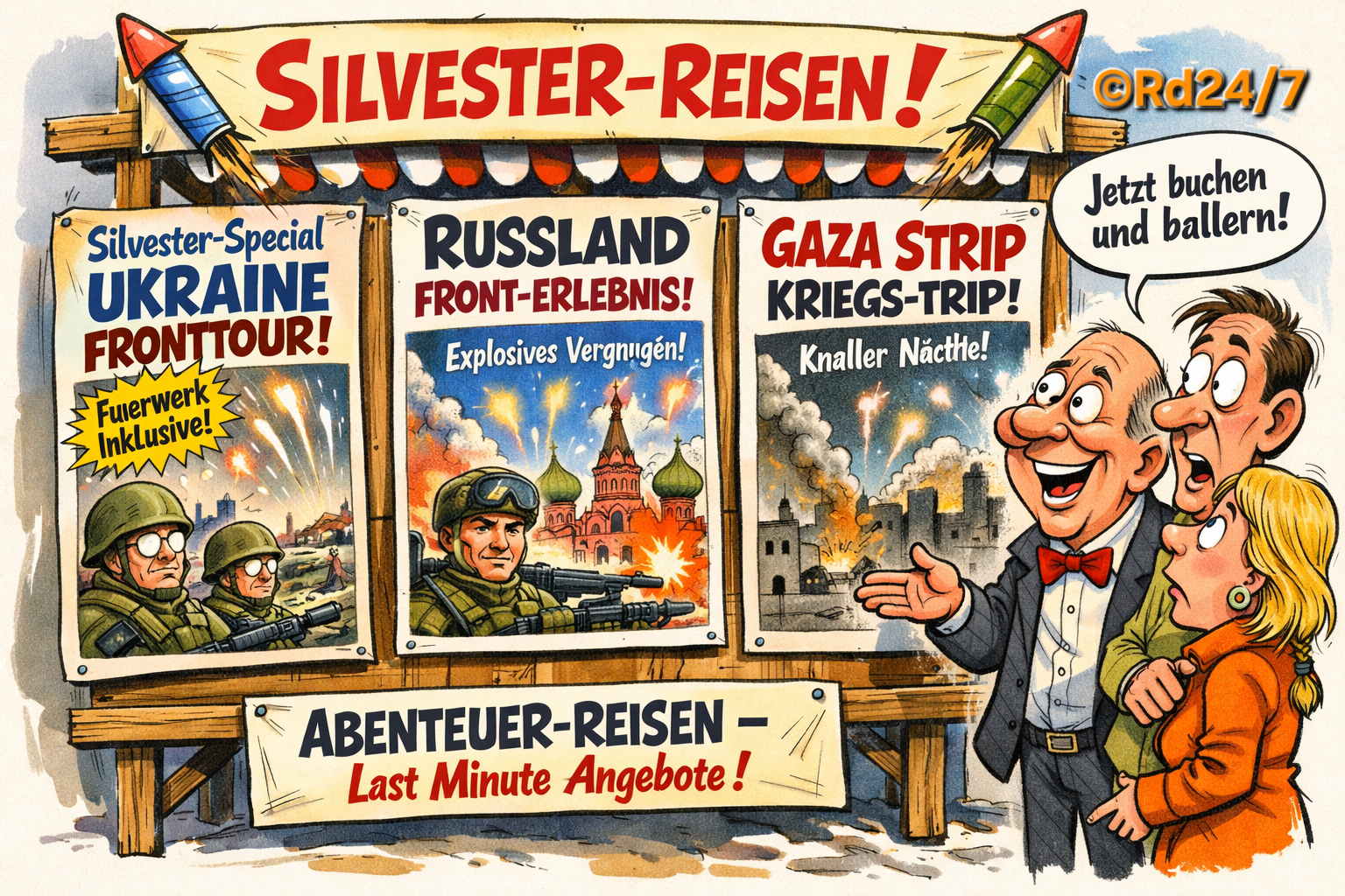 Karikatur: Silvester-Reisen – satirisches Reiseplakat