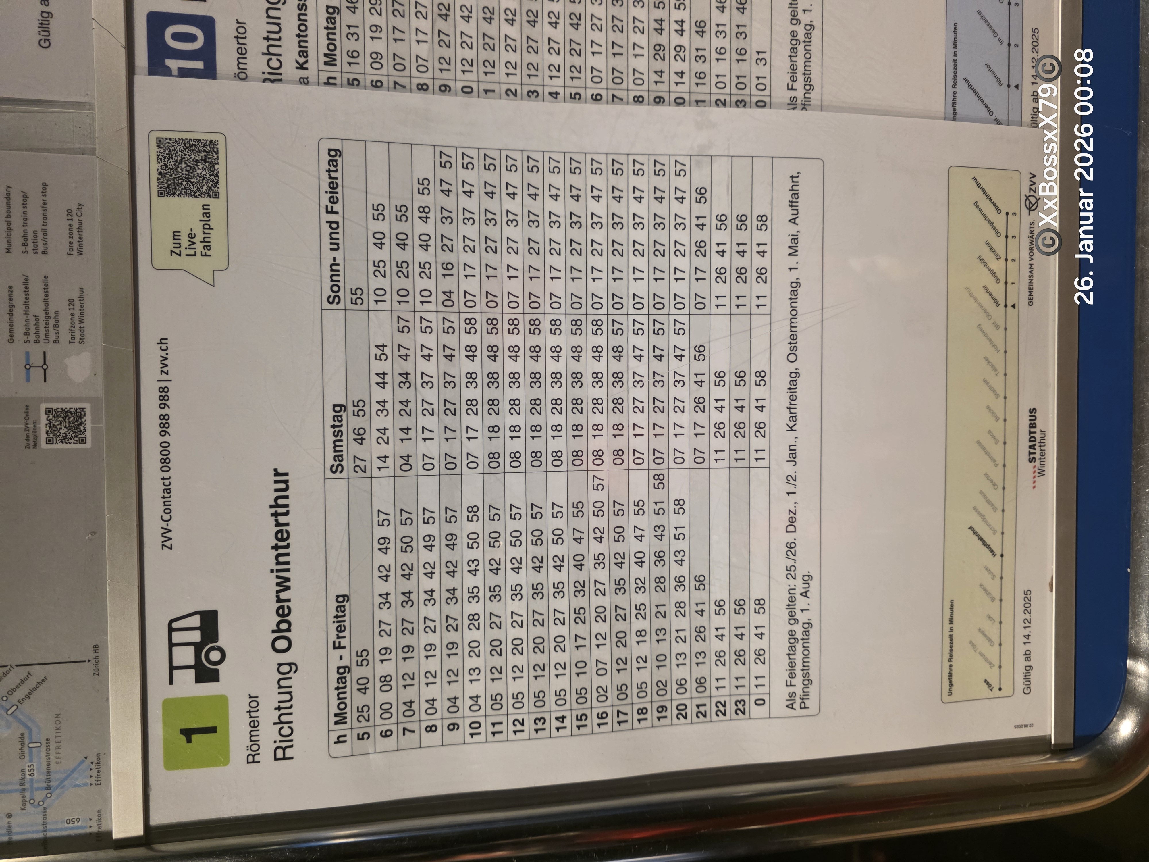 Klassischer Aushangfahrplan Römertor Richtung Oberwinterthur